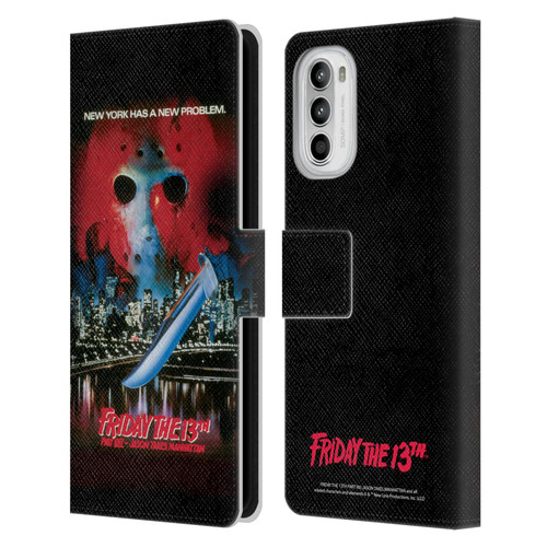 Friday the 13th Part VIII Jason Takes Manhattan Graphics Key Art Leather Book Wallet Case Cover For Motorola Moto G52