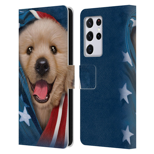 Vincent Hie Canidae Patriotic Golden Retriever Leather Book Wallet Case Cover For Samsung Galaxy S21 Ultra 5G