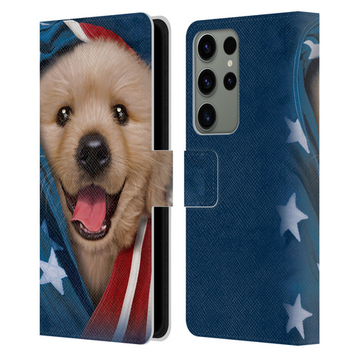 Vincent Hie Canidae Patriotic Golden Retriever Leather Book Wallet Case Cover For Samsung Galaxy S23 Ultra 5G