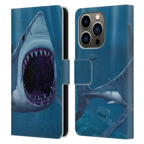 Vincent Hie Underwater Shark Bite Leather Book Wallet Case Cover For Apple iPhone 14 Pro