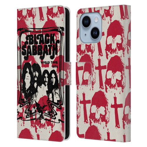 Black Sabbath Key Art Skull Cross World Tour Leather Book Wallet Case Cover For Apple iPhone 14 Plus