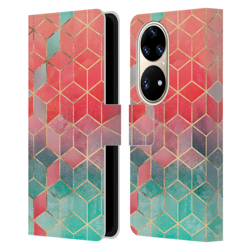 Elisabeth Fredriksson Cubes Collection Rose And Turquoise Leather Book Wallet Case Cover For Huawei P50 Pro