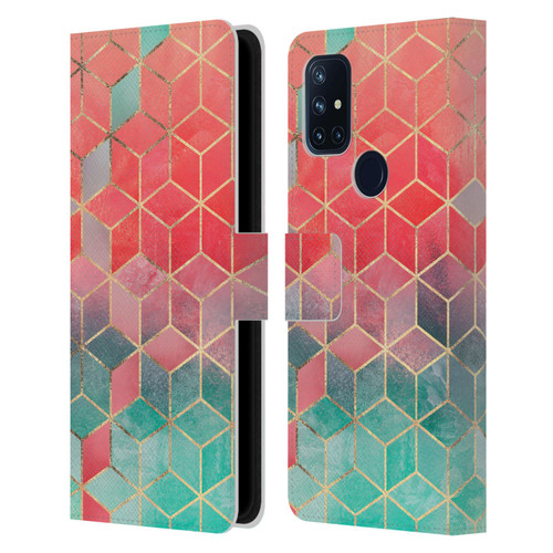 Elisabeth Fredriksson Cubes Collection Rose And Turquoise Leather Book Wallet Case Cover For OnePlus Nord N10 5G