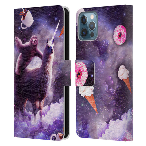 Random Galaxy Mixed Designs Sloth Riding Unicorn Leather Book Wallet Case Cover For Apple iPhone 12 / iPhone 12 Pro