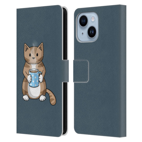 Beth Wilson Doodlecats Coffee Drinking Leather Book Wallet Case Cover For Apple iPhone 14 Plus
