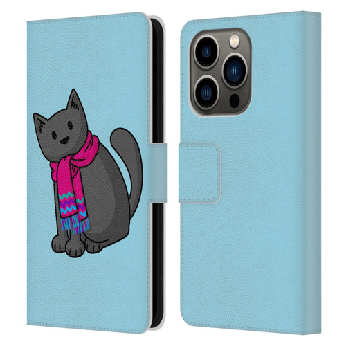 Beth Wilson Doodlecats Cold In A Scarf Leather Book Wallet Case Cover For Apple iPhone 14 Pro