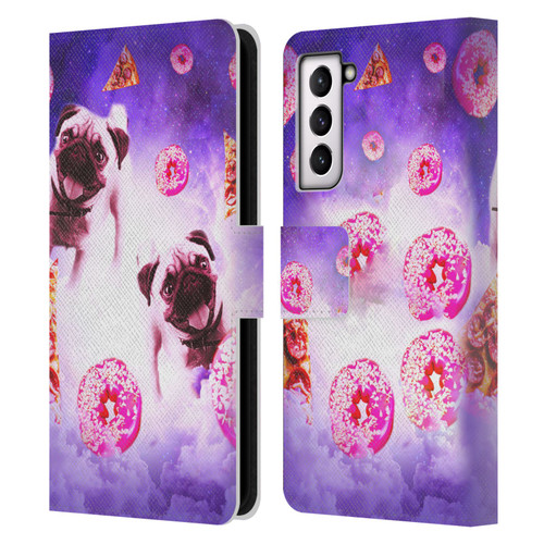 Random Galaxy Mixed Designs Pugs Pizza & Donut Leather Book Wallet Case Cover For Samsung Galaxy S21 5G