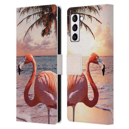 Random Galaxy Mixed Designs Flamingos & Palm Trees Leather Book Wallet Case Cover For Samsung Galaxy S21+ 5G