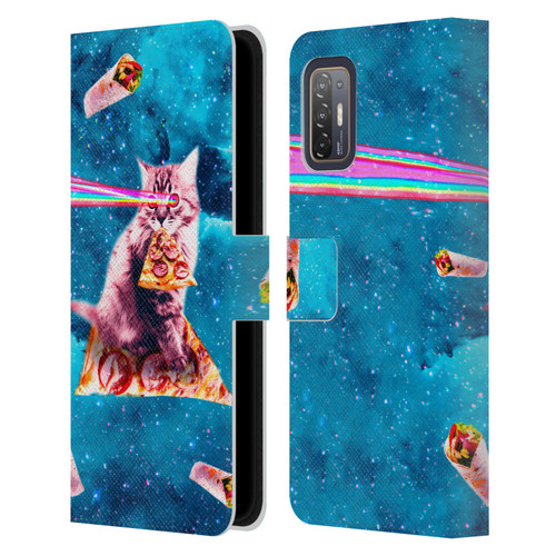 Random Galaxy Space Cat Lazer Eye & Pizza Leather Book Wallet Case Cover For HTC Desire 21 Pro 5G