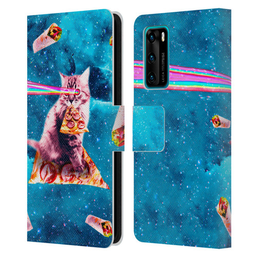 Random Galaxy Space Cat Lazer Eye & Pizza Leather Book Wallet Case Cover For Huawei P40 5G