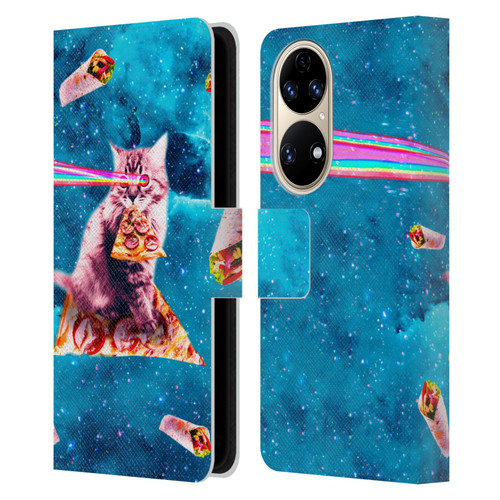 Random Galaxy Space Cat Lazer Eye & Pizza Leather Book Wallet Case Cover For Huawei P50