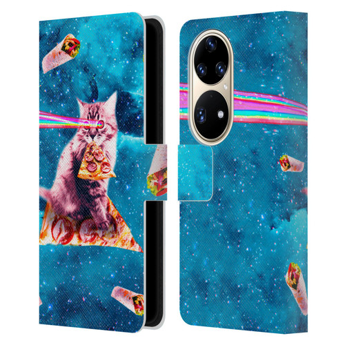 Random Galaxy Space Cat Lazer Eye & Pizza Leather Book Wallet Case Cover For Huawei P50 Pro