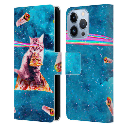 Random Galaxy Space Cat Lazer Eye & Pizza Leather Book Wallet Case Cover For Apple iPhone 13 Pro