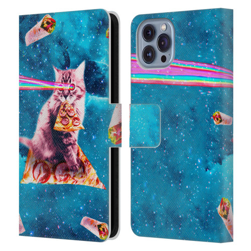 Random Galaxy Space Cat Lazer Eye & Pizza Leather Book Wallet Case Cover For Apple iPhone 14