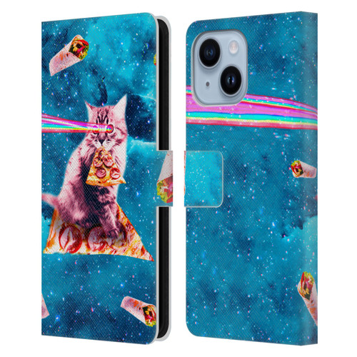 Random Galaxy Space Cat Lazer Eye & Pizza Leather Book Wallet Case Cover For Apple iPhone 14 Plus