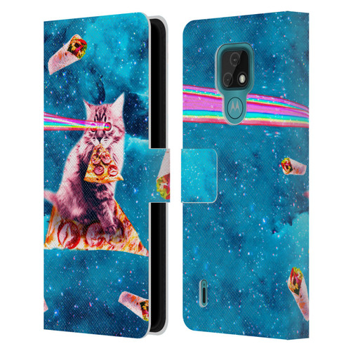 Random Galaxy Space Cat Lazer Eye & Pizza Leather Book Wallet Case Cover For Motorola Moto E7