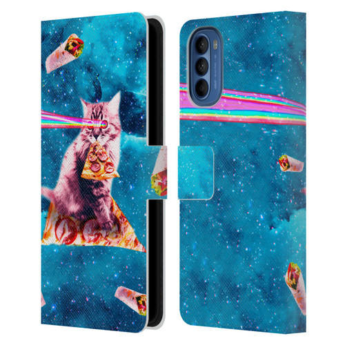 Random Galaxy Space Cat Lazer Eye & Pizza Leather Book Wallet Case Cover For Motorola Moto G41