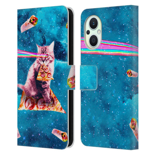 Random Galaxy Space Cat Lazer Eye & Pizza Leather Book Wallet Case Cover For OPPO Reno8 Lite