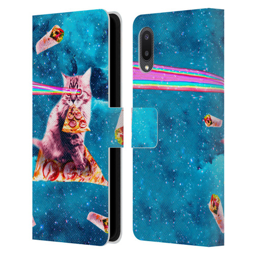 Random Galaxy Space Cat Lazer Eye & Pizza Leather Book Wallet Case Cover For Samsung Galaxy A02/M02 (2021)