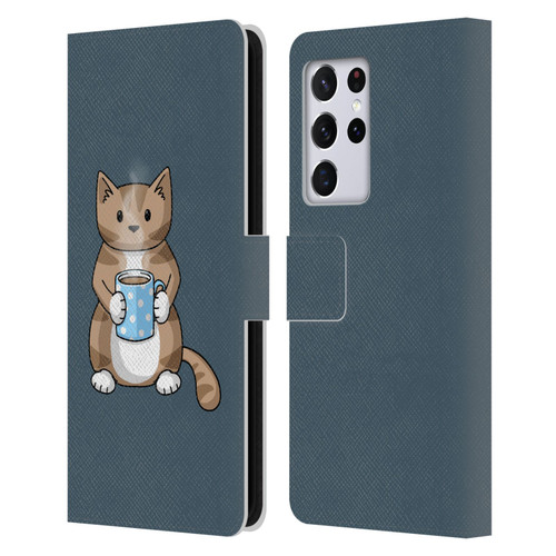 Beth Wilson Doodlecats Coffee Drinking Leather Book Wallet Case Cover For Samsung Galaxy S21 Ultra 5G