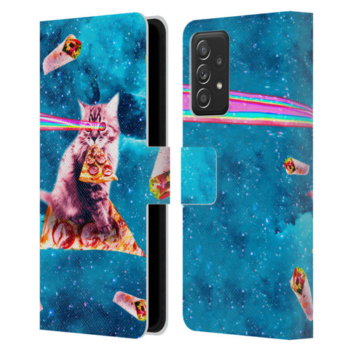 Random Galaxy Space Cat Lazer Eye & Pizza Leather Book Wallet Case Cover For Samsung Galaxy A53 5G (2022)