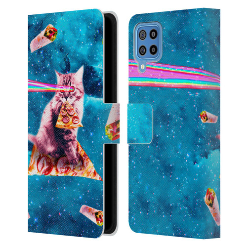 Random Galaxy Space Cat Lazer Eye & Pizza Leather Book Wallet Case Cover For Samsung Galaxy F22 (2021)