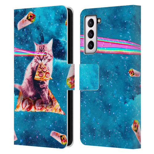 Random Galaxy Space Cat Lazer Eye & Pizza Leather Book Wallet Case Cover For Samsung Galaxy S21 5G