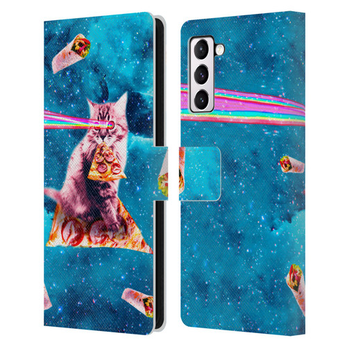 Random Galaxy Space Cat Lazer Eye & Pizza Leather Book Wallet Case Cover For Samsung Galaxy S21+ 5G