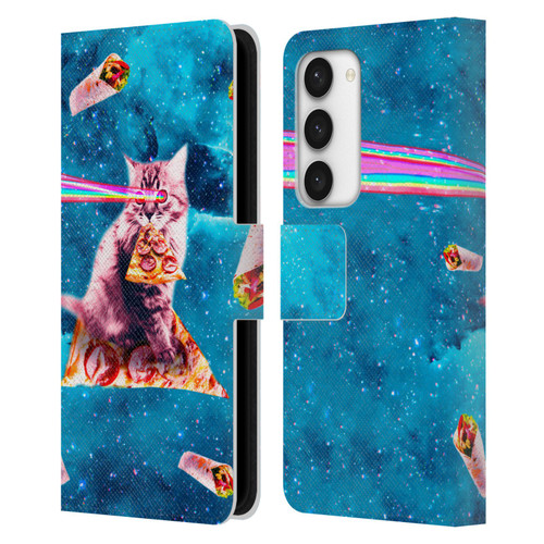 Random Galaxy Space Cat Lazer Eye & Pizza Leather Book Wallet Case Cover For Samsung Galaxy S23 5G