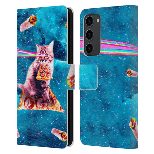 Random Galaxy Space Cat Lazer Eye & Pizza Leather Book Wallet Case Cover For Samsung Galaxy S23+ 5G