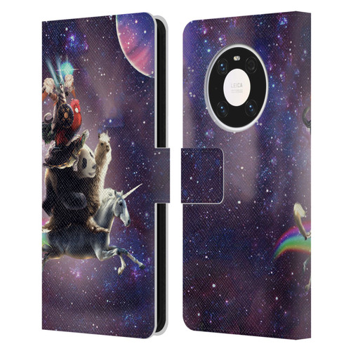 Random Galaxy Space Llama Unicorn Space Ride Leather Book Wallet Case Cover For Huawei Mate 40 Pro 5G