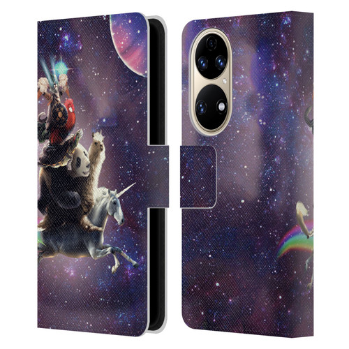 Random Galaxy Space Llama Unicorn Space Ride Leather Book Wallet Case Cover For Huawei P50