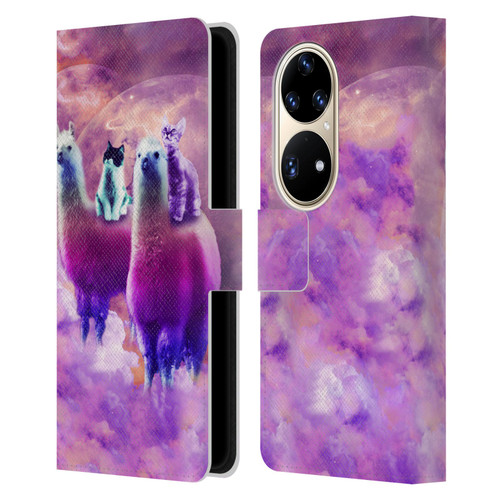 Random Galaxy Space Llama Kitty & Cat Leather Book Wallet Case Cover For Huawei P50 Pro