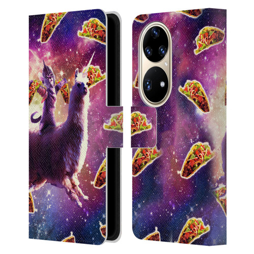 Random Galaxy Space Llama Warrior Cat & Tacos Leather Book Wallet Case Cover For Huawei P50 Pro