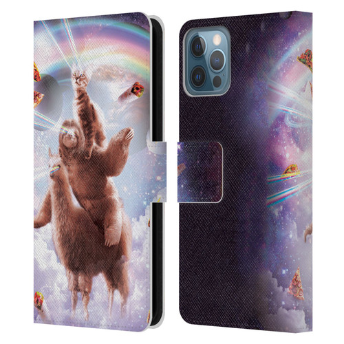 Random Galaxy Space Llama Sloth & Cat Lazer Eyes Leather Book Wallet Case Cover For Apple iPhone 12 / iPhone 12 Pro