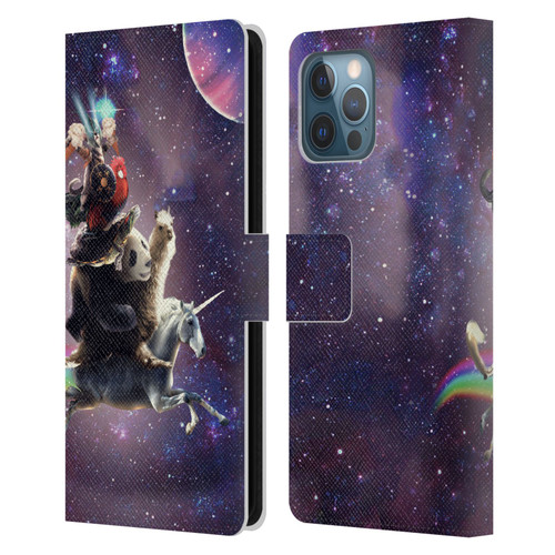 Random Galaxy Space Llama Unicorn Space Ride Leather Book Wallet Case Cover For Apple iPhone 12 Pro Max