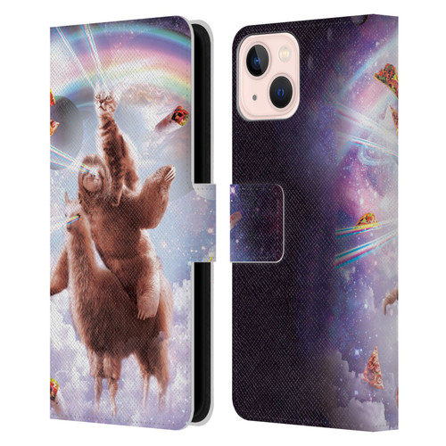 Random Galaxy Space Llama Sloth & Cat Lazer Eyes Leather Book Wallet Case Cover For Apple iPhone 13