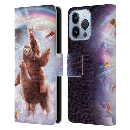 Random Galaxy Space Llama Sloth & Cat Lazer Eyes Leather Book Wallet Case Cover For Apple iPhone 13 Pro