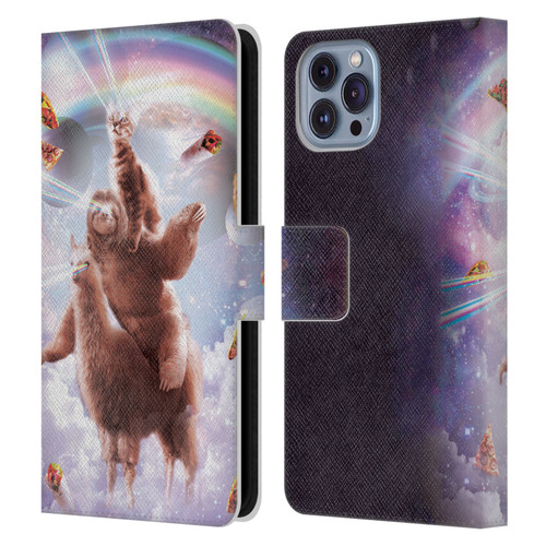 Random Galaxy Space Llama Sloth & Cat Lazer Eyes Leather Book Wallet Case Cover For Apple iPhone 14