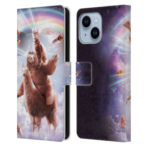 Random Galaxy Space Llama Sloth & Cat Lazer Eyes Leather Book Wallet Case Cover For Apple iPhone 14 Plus