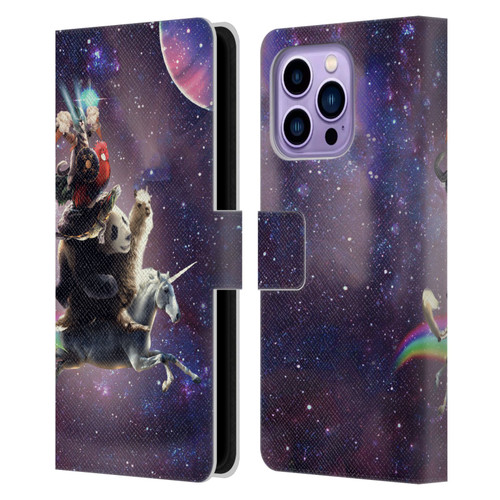 Random Galaxy Space Llama Unicorn Space Ride Leather Book Wallet Case Cover For Apple iPhone 14 Pro Max