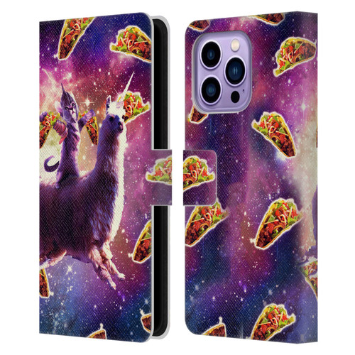 Random Galaxy Space Llama Warrior Cat & Tacos Leather Book Wallet Case Cover For Apple iPhone 14 Pro Max
