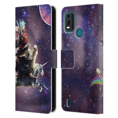 Random Galaxy Space Llama Unicorn Space Ride Leather Book Wallet Case Cover For Nokia G11 Plus