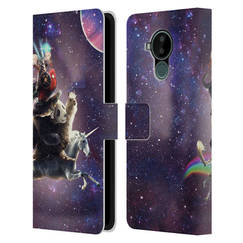 Random Galaxy Space Llama Unicorn Space Ride Leather Book Wallet Case Cover For Nokia C30