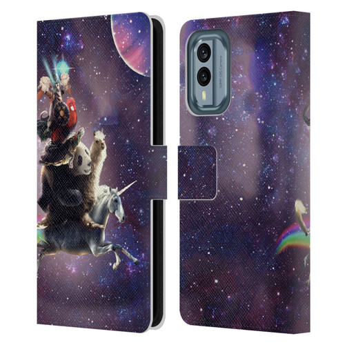 Random Galaxy Space Llama Unicorn Space Ride Leather Book Wallet Case Cover For Nokia X30