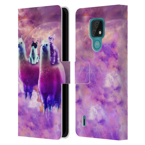 Random Galaxy Space Llama Kitty & Cat Leather Book Wallet Case Cover For Motorola Moto E7
