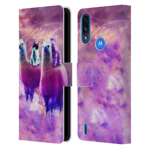 Random Galaxy Space Llama Kitty & Cat Leather Book Wallet Case Cover For Motorola Moto E7 Power / Moto E7i Power