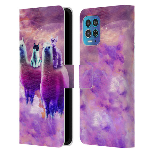 Random Galaxy Space Llama Kitty & Cat Leather Book Wallet Case Cover For Motorola Moto G100