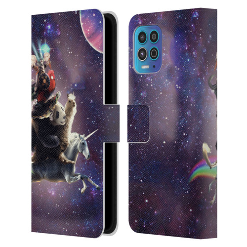 Random Galaxy Space Llama Unicorn Space Ride Leather Book Wallet Case Cover For Motorola Moto G100