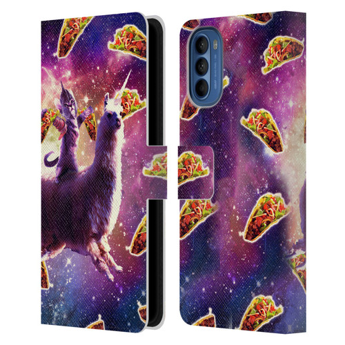 Random Galaxy Space Llama Warrior Cat & Tacos Leather Book Wallet Case Cover For Motorola Moto G41